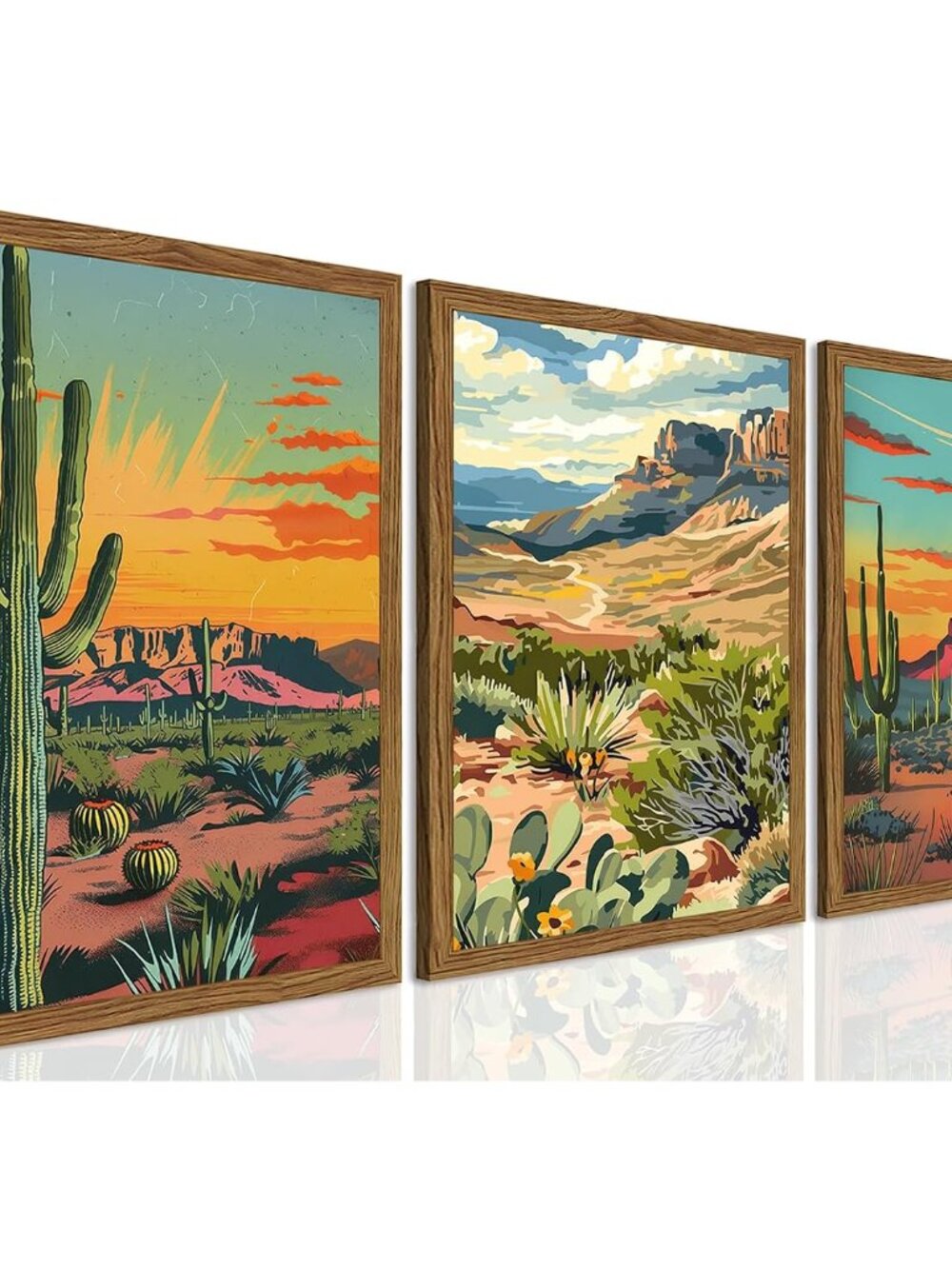 Framed Desert Landscape Wall Art Set of 3, Vintage Mexican Cactus Wall Decor Pai